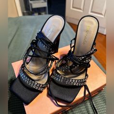 Size 6 Black Heels, Never Worn , Great Condition Lace-up Evening Heels In Synthetic Material, Evening Lace-up Synthetic Heels, Denim Pumps, Red Bottom Heels, Cream Heels, Beige Heels, Nude Shoes, Lace Up Wedges, Bow Heels