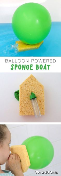 the balloon powered sponge boat is an easy and fun activity for kids