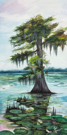 a painting of a tree in the middle of water