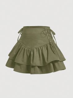 Army Green Casual Collar  Woven Fabric Plain Layered/Tiered Embellished Non-Stretch  Women Clothing Haine Diy, Ruffle Hem Skirt, Mode Instagram, Rock Outfit, Mode Kpop, Hem Skirt, Mode Inspo, 여자 패션, Really Cute Outfits