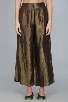 Shop for Yavi Gold Handwoven Silk Tissue Pant for Women Online at Aza Fashions Gold Wide Leg Bottoms For Festive Occasions, Festive Silk Evening Bottoms, Festive Gold Wide-leg Bottoms, Festive Gold Wide Leg Bottoms, Elegant Ankle-length Bottoms For Festive Occasions, Elegant Ankle-length Festive Bottoms, Elegant Festive Ankle-length Bottoms, Silk Straight Pants For Festive Occasions, Festive Chic Wide Leg Bottoms