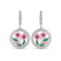 Talking about florals, these refreshing flower earrings are a statement of their own. Crafted in sterling silver, these lovely earrings showcase a floral design bright with pink and green enamel. A halo paved with shimmering stones frames the flower so as to seize and eternalize its most intimate moment. You'll adore the springtime touch these statement earrings will add to any outfit.Carat Weight: 2.098 ctStone Size: 1,1.2,1.5 mmStone Type: Jeulia® StoneNumber of Stones: 80 Stone Shape: RoundSt Pink Enamel Flower-shaped Jewelry, Pink Enamel Jewelry With Flower Charm, Pink Flower-shaped Enamel Earrings, Elegant Pink Flower Earrings In Sterling Silver, Pink Enamel Flower-shaped Earrings, Elegant Pink Sterling Silver Flower Earrings, Elegant Flower Shaped Enamel Earrings, Enamel Flower Earrings With Flower Charm, Pink Flower Enamel Earrings