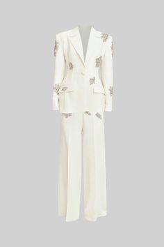 Refined Floral Embellished Pantsuit - White White Suits For Women, Preaching Outfits, Comeback Season, Bridal Pantsuit, Bridal Suits, Bridal Attire, Blazer With Jeans, Double Breasted Blazer, Beautiful Wedding Dresses