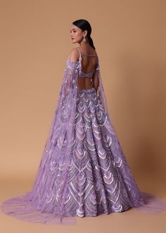 Lavender Pearl Embellished Lehenga with Off-Shoulder Draped Cape Purple Lehenga Bridal, Purple Indian Outfit, Off Shoulder Cape, Off Shoulder Lehenga, Punjabi Dress Design, Lavender Outfit, Floral Skirt Outfits, Wisteria Purple, Purple Lehenga