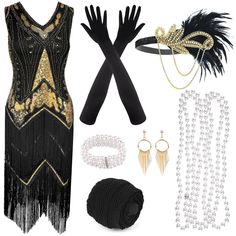 PRICES MAY VARY. 1920S ACCESSORIES FOR WOMEN PACK: 1 × great gatsby party dress, 1 × feather gold headband, 1 × pearl bracelet, 1 × pearl necklace, 1 × black prop, 1 × fishnet tights, 1 pair of black long gloves(2pcs), 1 pair of gold tassel earrings(2pcs), in total 10 pieces Great Gatsby Party Dress, 20s Accessories, Gold Flapper, Sequin Accessories, Gatsby Party Dress, 1920s Accessories, Art Deco Party, Cocktail Dress Style, Fringe Flapper Dress