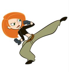 a cartoon girl with red hair and green pants is flying through the air while wearing black gloves