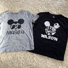 Boys Mason Disney Shirts. Old Navy Boys Size 8 Shirts. One Cotton T-Shirt And One Active. Bought But Never Used, Trip Was Canceled. New Condition! Perfect For A Disney Trip. Mickey Sunglasses Decal With Name And Star Wars Mickey Decal. Boys Disney Shirts, Mickey Sunglasses, Boy Disney Shirts, Star Wars Mickey, Disney World Vacation Planning, Navy Boys, Disney World Shirts, Vacation Planning, Old Navy Shirts