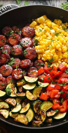 Sausage and Veggies Skillet with Bell Peppers, Zucchini, and Corn. Sausage And Veggies Skillet, Sausage And Veggies, Health Dinner Recipes, Summer Dinner, Sausage Recipes, Bell Peppers, High Protein Recipes, Healthy Meal Prep