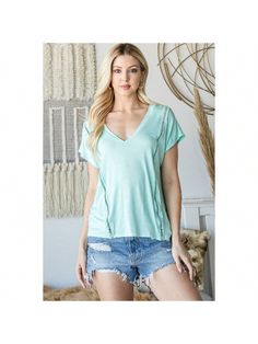 Multicolor  Collar     Embellished Chic Stretch V-neck Top With Short Sleeves, Summer V-neck Stretch Short Sleeve Top, Summer Stretch V-neck Short Sleeve Top, Stretch V-neck Short Sleeve Top For Summer, V-neck Stretch Short Sleeve Top For Summer, Solid Color Short Sleeve V-neck Top For Spring, Spring V-neck Top With Short Sleeves, Trendy Short Sleeve V-neck Top For Summer, Trendy V-neck Short Sleeve Top For Summer