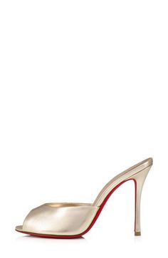 A minimalist silhouette in metallic napa leather makes this peep-toe sandal perched on a stiletto a fabulous night-out option. Christian Louboutin's iconic red sole—born from a fateful brush with red nail lacquer—lends distinctive brilliance to every step. 4" (100mm) heel Wipe with a soft, dry cloth and store in a dust bag Please note the red lacquer on soles will wear off as a result of normal use. To minimize the effect, avoid wearing in wet weather or on abrasive surfaces Leather upper, linin Evening Heels With Red Sole And Single Toe Strap, Glamorous Formal Sandals With Red Sole, Elegant Sandals With Red Sole And Open Heel, Elegant Sandals With Red Sole For Evening, Elegant Sandals With Red Sole For Formal Occasions, Elegant Evening Sandals With Red Sole, Cocktail Sandals With Red Sole And Pointed Toe, Elegant Sandals With Red Sole And Single Toe Strap, Sleek Open Toe Heels With Red Sole