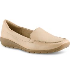 Classic Leather Slip-ons With Arch Support, Comfortable Slip-ons With Leather Footbed And Almond Toe, Casual Loafers With Arch Support And Flat Heel, Comfortable Slip-on Loafers With Arch Support, Comfortable Loafers With Ortholite Insole, Beige Leather Slip-on Walking Shoes, Comfortable Slip-ons With Removable Insole And Moc Toe, Leather Slip-on Walking Shoes With Arch Support, Ortholite Insole Slip-on Loafers For Walking