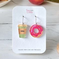 two doughnuts and a cup of coffee on a card with the caption tiny cuts crafts