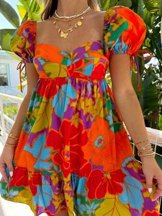 Sweetheart Neckline Summer Dress, Hawaii Outfits Colorful, Cute Square Neck Puff Sleeve Dress For Garden Party, Multicolor Puff Sleeve Summer Dress, Multicolor Puff Sleeve Dress For Spring, Spring Sundress With Puff Sleeves, Summer Floral Puff Sleeve Dress With Sweetheart Neckline, Flirty Floral Print Mini Puff Sleeve Dress, Multicolor Floral Puff Sleeve Dress For Spring