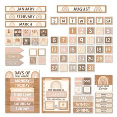 the months and numbers are arranged in pink, beige and white colors with wooden accents