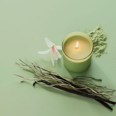 a small candle and some twigs on a green surface with a white flower next to it