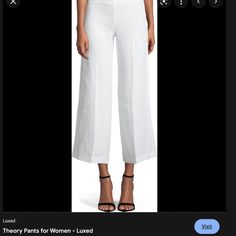 White Wide Legged Cropped Pants By Theory. Fully Lined, Size 12, Never Worn. Elegant Summer Capris For Workwear, Elegant Straight Leg Capris, Fitted Wide Leg Capris For Spring, Elegant Wide Leg Spring Capris, Elegant Wide Leg Capris For Spring, Chic White Fitted Capris, Fitted Wide-leg Summer Capris, Fitted Linen Bottoms For Daywear, Elegant Spring Capris With Pockets