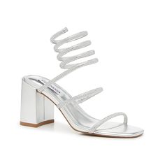 Steve Madden-Mily Sandal Make a statement in the Mily sandals from Steve Madden. This sparkling pair is embellished with rhinestones, features an ankle-wrap design, and silver hue for an eye-catching addition to any look. Ankle Wrap, Steve Madden, Metallic Silver, Sandals, Silver, Design