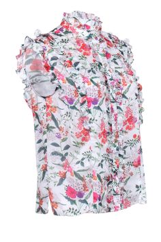 Be a blooming beauty in this Ted Baker floral print blouse! Perfect for spring, this white blouse features a vibrant multi-color floral print and playful ruffle trim sleeves. Its button-front closure makes it easy to style with wide-crop denim and a fun pair of flats. Size 6 (TB 2) 100% Polyester Unlined Button front Sleeveless Ruffle trim detail Bust 40" Waist 40" Shoulder to hem 24" Cotton Floral Print Top With Ruffled Collar, White Floral Print Button-up Top, Playful White Floral Print Top, Non-stretch Multicolor Floral Print Tops, Floral Print Rayon Button-up Blouse, Bright Patterns, Floral Print Blouses, Print Blouse, Trim Detail