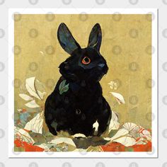 a painting of a black rabbit sitting in front of a brown background with leaves and flowers