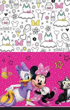 minnie mouse and mickey mouse wallpaper in pink, white and black with stars on it