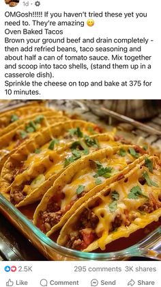 a glass dish filled with taco shells and topped with cheese