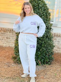 Jogger Set with Custom Monogram - Sweatshirt and Sweatpants - Team Colors by thepurplepetunia on Etsy Fall Sweats With Embroidered Logo For Loungewear, Fall Loungewear Sweats With Embroidered Logo, Casual Bottoms With Embroidered Logo For Loungewear, Sporty Sweats With Embroidered Logo For Loungewear, Casual Sweats With Embroidered Logo And Relaxed Fit, Casual Embroidered Sweatshirt For Loungewear, Sporty Sweatshirt With Letter Embroidery For Loungewear, Casual Letter Embroidery Sweatshirt For Loungewear, Purple Petunias