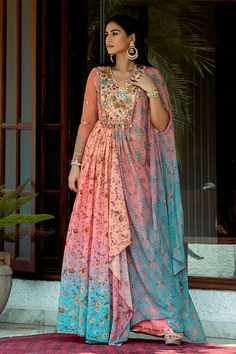 Peach and blue ombre draped anarkali with floral vine printed motifs embellished by sequins and floral thread embroidery. Comes with pant. - Aza Fashions Navratri Floral Embroidered Floor-length Palazzo Set, Multicolor Floor-length Kurta With Mirror Work, Bollywood Style Floor-length Palazzo Set With Floral Embroidery, Bollywood Style Floral Embroidered Floor-length Palazzo Set, Bollywood Style Floor-length Floral Embroidered Palazzo Set, Bollywood Style Floral Embroidery Floor-length Palazzo Set, Anarkali Palazzo Set With Floral Print And Traditional Drape, Anarkali Style Multicolor Palazzo Set For Reception, Bohemian Anarkali Set With Floor-length Mirror Work