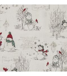 snowmen and birds are depicted in this wintery wallpaper pattern, which is white with red accents