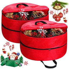 two red christmas storage bags filled with ornaments