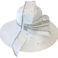 Introducing Our Exquisite Designer Couture Satin Ribbon Hat, Perfect For Church, Weddings, Or Any Special Occasion. With A Rounded Crown And A 6-Inch Down-Turned Brim, It's A True Showstopper. Adorned With A Stunning Satin Ribbon Bow And Rows Of Crystal Rhinestones, It Exudes Elegance. The Crown And Brim Are Embellished With Loose Crystal Stones. Available In Lavender, White, Champagne, Royal, Or Emerald. Features An Adjustable Sweatband For A Comfortable Fit. Elegant Rhinestone Hat For Spring, Fitted White Hats For Weddings, White Fitted Hat For Wedding, Elegant Adjustable Hat For Wedding, Elegant Wide Brim Hat With Rhinestones, Elegant Summer Hats With Rhinestones, Elegant Summer Bridal Accessories, Elegant Evening Hats With Rhinestones, Elegant White Hat With Rhinestones