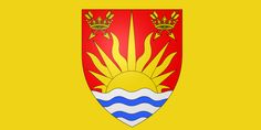 the coat of arms on a red and yellow background with blue water waves, two gold crowns, and an orange sun