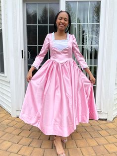 "Presenting Historywearz™ Angelica Schuyler inspired Costume/Dress! This dress is made in beautiful, high-quality machine washable, poly-satin fabric. Your girl will love to wear it for special occasion or \"become\" this beautiful 'Hamilton The Broadway Play\" character:-) The long dress is made from a beautiful poly-satin. The back opens with a zipper, and includes a beautiful back bowed sash (please let us know if you prefer not to have the back sash), there is pretty white lace trim on the e Pink Fitted A-line Gown, Fitted Ball Gown Vintage Dress For Fancy Dress, Pink Ball Gown Dress For Costume Party, Pink Fitted Victorian Dress For Costume Party, Fitted Ball Gown Dresses For Costume Party, Pink Fitted Ball Gown Corset Dress, Pink Fitted Corset Ball Gown Dress, Pink Fitted Corset Dress Ball Gown, Pink Fitted Corset Ball Gown