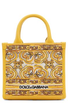 Dolce&Gabbana Mini DG Daily Giallo Tile Embroidered Canvas Shopper | Nordstrom Branding Captions, Dolce And Gabbana Bags, Sabyasachi Bags, Mediterranean Tile, Perfect Purse, Summer Wardrobe Essentials, Embroidered Canvas, Wedding Guest Shoes, Sneaker Slippers