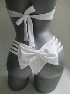 white thong wedding cheeky bikini bow bottoms strappy bandeau White Swimsuit Outfit, Swimsuit Ideas, Bow Bandeau, Unique Bikinis, Pin Up Girl Vintage, White Bathing Suit, Yellow Bow, Upcycle Sewing, Swimsuits High Waisted