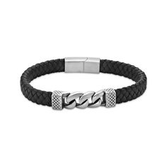 His daring style is on display in this leather bracelet with chain detail. Woven black leather design Stainless steel curb chain centerpiece 8.5-inch bracelet with magnetic clasp Black Chain Bracelet With Adjustable Stainless Steel Clasp, Adjustable Black Chain Bracelet With Stainless Steel Clasp, Modern Stainless Steel Leather Bracelet For Formal Occasions, Masculine Black Leather Bracelet With Stainless Steel, Black Leather Braided Bracelet With Stainless Steel Clasp, Modern Braided Leather Bracelet With Stainless Steel Clasp, Modern Leather Braided Bracelet With Stainless Steel Clasp, Classic Black Leather Jewelry, Modern Adjustable Cuban Link Bracelet