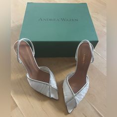 Andrea Wazen 105mm Katy Pumps Size: 39 Made In Italy Highlights White Tulle Ruched Detailing Crystal Embellishment Peep Toe Slingback Strap Branded Leather Insole 105mm Stiletto Heel Leather Sole Never Worn - Comes In Box And Dust Bag Andrea Wazen, Highlights White, White Tulle, Slingback Heel, Crystal Embellishment, Stiletto Heel, Shoes Women Heels, Stiletto Heels, Jade