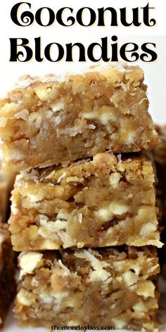 coconut milk blondies stacked on top of each other with the title in the middle