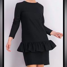 High-End Designer Dries Van Noten Black Ruffle Sheath Dress. Excellent Pre-Owned Condition *Only Flaw Is Fabric Content Tag Is Missing* - Size 44 (Equivalent To Approx. A Size 12 Us Per Conversion Charts, See Measurements To Ensure Fit) - Bust Approx.20.5 Inches Across Front - Waist Approx.21 Inches Across Front - Hips Approx.21.5 Inches Across Front - Length Approx.37 Inches -3/4 Sleeve - Ruffle Detail - Lined - Round Neck - Zip Up Back - Sophisticated, Chic, Professional, Career And Work Wear, Wedding Guest, Business Casual, Semi Formal, Evening Wear, Glam, Twee, Night Out, Cocktail Attire, Minimalist, Vacation And Resort Wear, Quiet Luxury, Soft Luxury, Versatile -Comes From A Pet Formal Black Midi Dress With Ruffle Hem, Black Midi Dress With Ruffle Hem For Formal Occasions, Black Ruffle Hem Midi Dress For Formal Occasions, Black Cocktail Midi Dress With Ruffle Hem, Black Knee-length Dress With Ruffle Hem, Elegant Black Midi Dress With Ruffle Hem, Elegant Office Mini Dress With Ruffles, Elegant Ruffled Mini Dress For Office, Elegant Mini Dress With Ruffles For Work