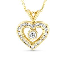 0.60ctw Diamond Heart Pendant in 14k Yellow Gold. This pendant includes an 18 inch chain. 14k Gold Heart Pendant Diamond Necklace For Anniversary, Yellow Gold Heart Pendant Diamond Necklace With Brilliant Cut, Yellow Gold Brilliant Cut Heart Pendant Diamond Necklace, Valentine's Day Yellow Gold Heart Pendant Diamond Necklace, Valentine's Day Heart Pendant Yellow Gold Diamond Necklace, Yellow Gold Heart-shaped Brilliant Cut Diamond Necklace, Classic Round Diamond Necklace For Valentine's Day, Classic Yellow Gold Heart Cut Diamond Necklace, Valentine's Day Yellow Gold Necklace With Prong Setting