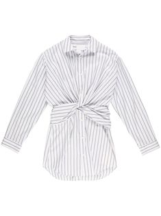 white cotton vertical stripe print twist detailing classic collar front button fastening long sleeves curved hem Twist Shirt, Shirt Dress White, Christopher Esber, White Cotton Dress, Yoko London, City Dress, White Shirt Dress, Summer Beach Wear, Dress White