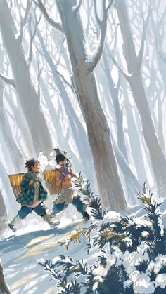 two people are walking through the woods in winter