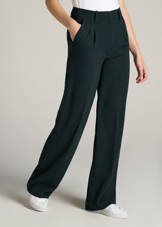 About Our Extra-Long Women’s Dress Pants Make a statement in these stylish pleated women’s tall dress pants. Pleated trousers are a timeless trend you’ll love and now, there’s finally a pair that will accentuate your long legs. These pants for tall women have been designed specifically for ladies between 5’9” and 6’6”, with a full length offering extra-long inseam options. They have a high-rise silhouette that gives the appearance of a cinched waist, complete with a fly zipper and hook and bar c Tailored Pleated Wide Leg Dress Pants, Tailored Wide Leg Pleated Dress Pants, Elegant Pleated Full-length Dress Pants, Elegant Full Length Pleated Dress Pants, Chic Bottoms With Pleated Waist In Straight Cut, Pleated Full Length Wide Leg Office Pants, Pleated Full Length Wide Leg Pants For Office, Full Length Pleated Wide Leg Pants For Office, Formal Wide Leg Pants With Pleated Waist