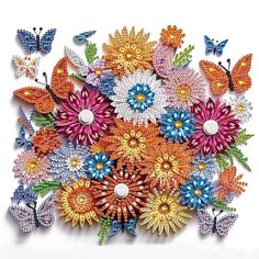 a bunch of colorful flowers and butterflies on a white background