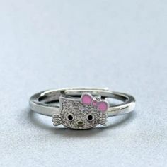 New Hello Kitty Sanrio Stainless Steel Cz Pave Crystal Cat Pink Bow Ring 8 Silver Hello Kitty Kawaii Jewelry, Kawaii Silver Hello Kitty Jewelry, Kawaii Hello Kitty Silver Jewelry, Cute Silver Ring Jewelry, Silver Cat Design Promise Ring, Silver Promise Ring With Cat Design, Cute Silver Rings For Gift, Silver Cat Design Ring, Silver Kawaii Jewelry With Cat Design