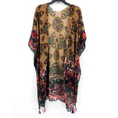 Soft Surroundings Runa Tassel Kimono Cover-Up New With Tags - Retail $80 Colorful Printed Boho Beach Cover-Up Top/Cardigan In A Lightweight Fabric. - Cardigan/Cover Up - Mid-Length - Open Front - Tassel Details - Half Sleeve - Lightweight Women's One Size Pit To Pit: 38" Length: 35" 100% Polyester A881 Multicolor Floral Print Outerwear For Festival, Festival Floral Print Outerwear With Kimono Sleeves, Floral Print Kimono Sleeves Outerwear For Festival, Floral Kimono Sleeve Outerwear For Festivals, Black Bohemian Outerwear For Vacation, Bohemian Black Outerwear For Vacation, Bohemian Outerwear With Floral Print And Kimono Sleeves, Bohemian Multicolor Floral Print Outerwear, Bohemian Multicolor Outerwear With Tassels