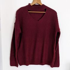 Brand: No Comment Ny La Deep Red / Wine Red Long Sleeve Cable Knit Cutout, Keyhole Neckline 100% Acrylic Burgundy V-neck Sweater For Fall, Red Chunky Knit Top, Red Long Sleeve Open Knit Tops, Red Open Knit Top For Fall, Casual Burgundy V-neck Sweater, Burgundy V-neck Top For Winter, Burgundy Knit Top For Fall, Cutout Sweater, Keyhole Neckline