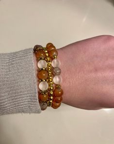 Amber and Gold Beaded Bracelet Set | Etsy Gold Beaded Bracelet, Bracelet Sets, Bracelets Design, Marble And Gold, Amber Bracelet, Gold Bead Bracelets, Wide Bracelet, Amber Stone, Beaded Accessories