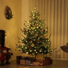 a small christmas tree is lit up in the living room