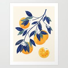 an orange with leaves and flowers on it