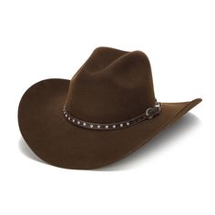 The MAYBELLE Stampede Collection brings classic style and elegance to the wild, western lifestyle. Crafted from genuine leather, this hat is detailed with mini studs and a metal strap for added flare. For comfort and durability, the hat is lined with wool felt, a 4 inch brim providing the perfect amount of sun protection and style. Western Wool Hat Bands For Rodeo, Western Wool Felt Hat For Rodeo, Western Fur Felt Hat For Rodeo, Western Style Felt Hat For Winter, Western Wool Fedora For Rodeo, Western Wool Hat For Western-themed Events, Fur Felt Rodeo Hat, Western Felt Hat For Rodeo In Winter, Western Style Felt Hat For Rodeo In Winter